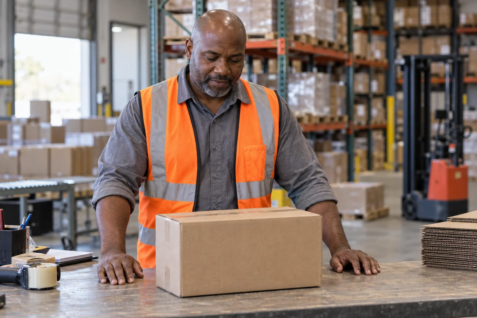 Warehouse worker beside a closed carton at a packing bench
